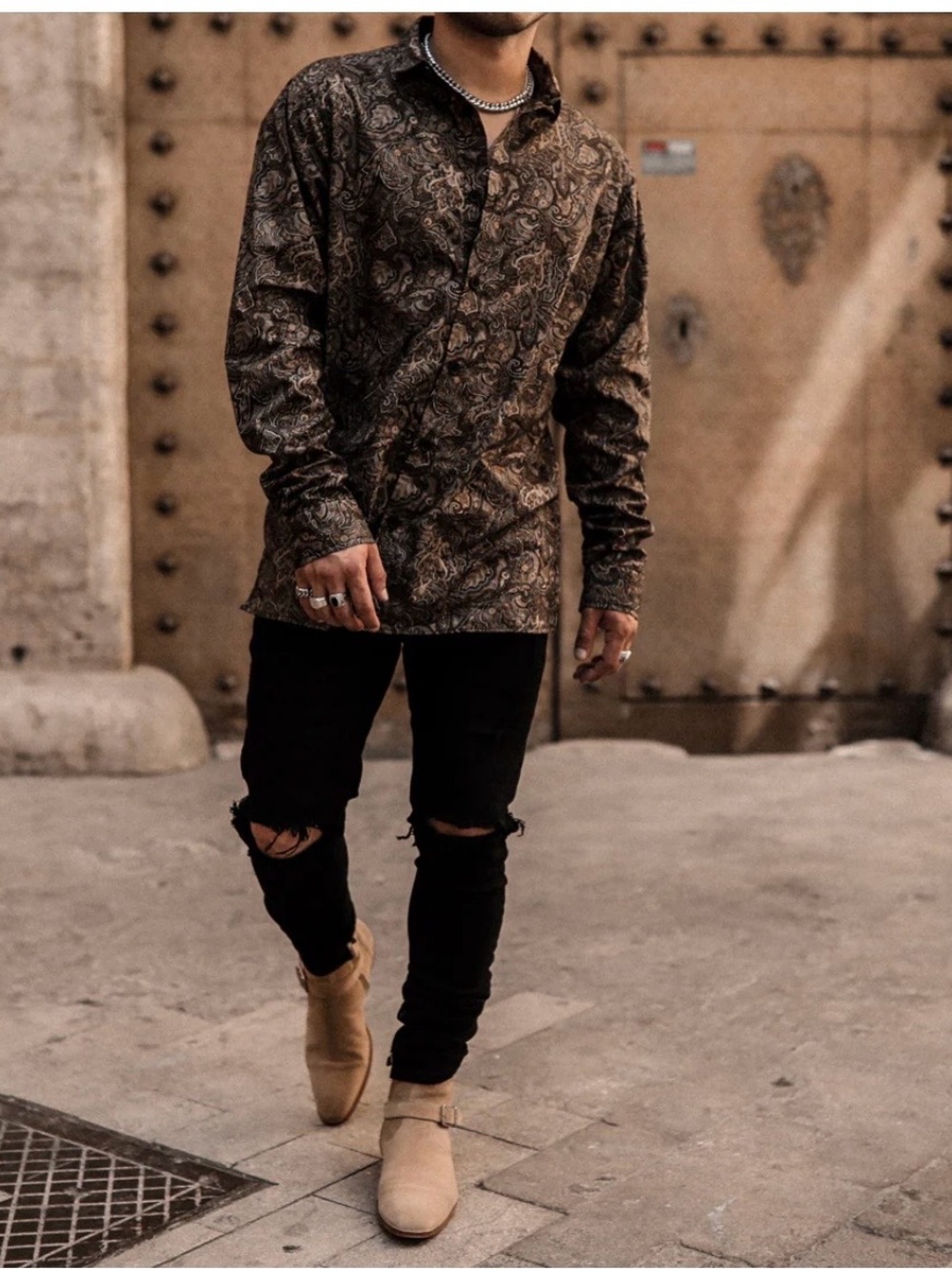 ORO Los Angeles- Men’s black Jeans with distressing at the knees
